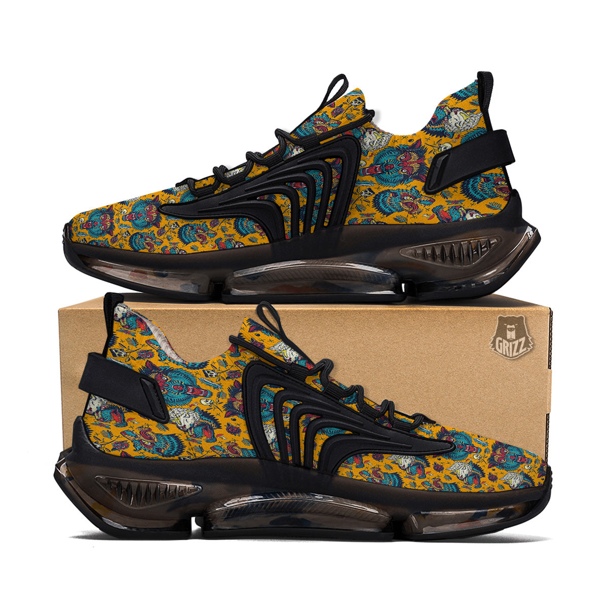 Wolf Head Yellow Tattoo Print Pattern Black Gym Shoes – Grizzshopping